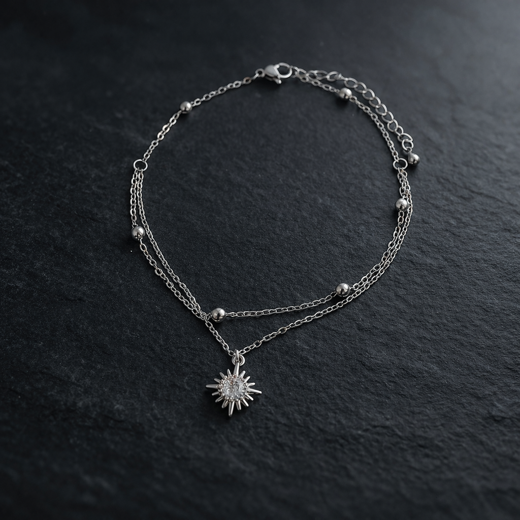 Silver CZ Starburst Double Layer Anklet
