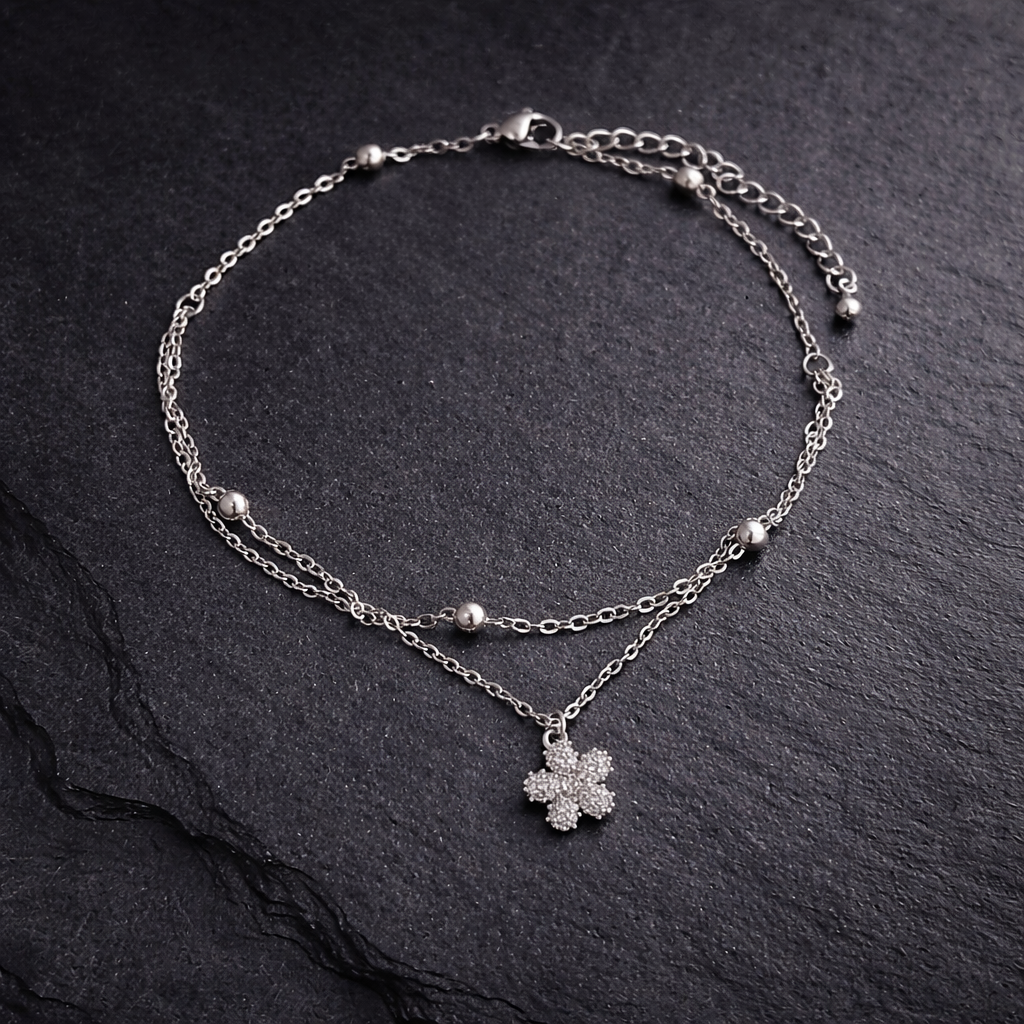 Silver CZ Flower Double Layer Anklet