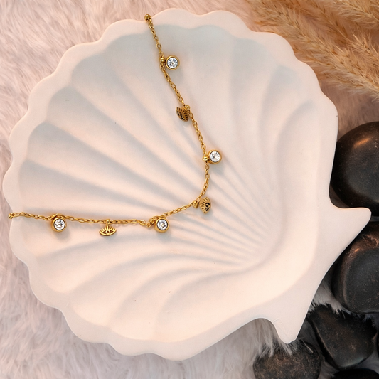 Gold Evil Eye & CZ Bezel Charm Anklet