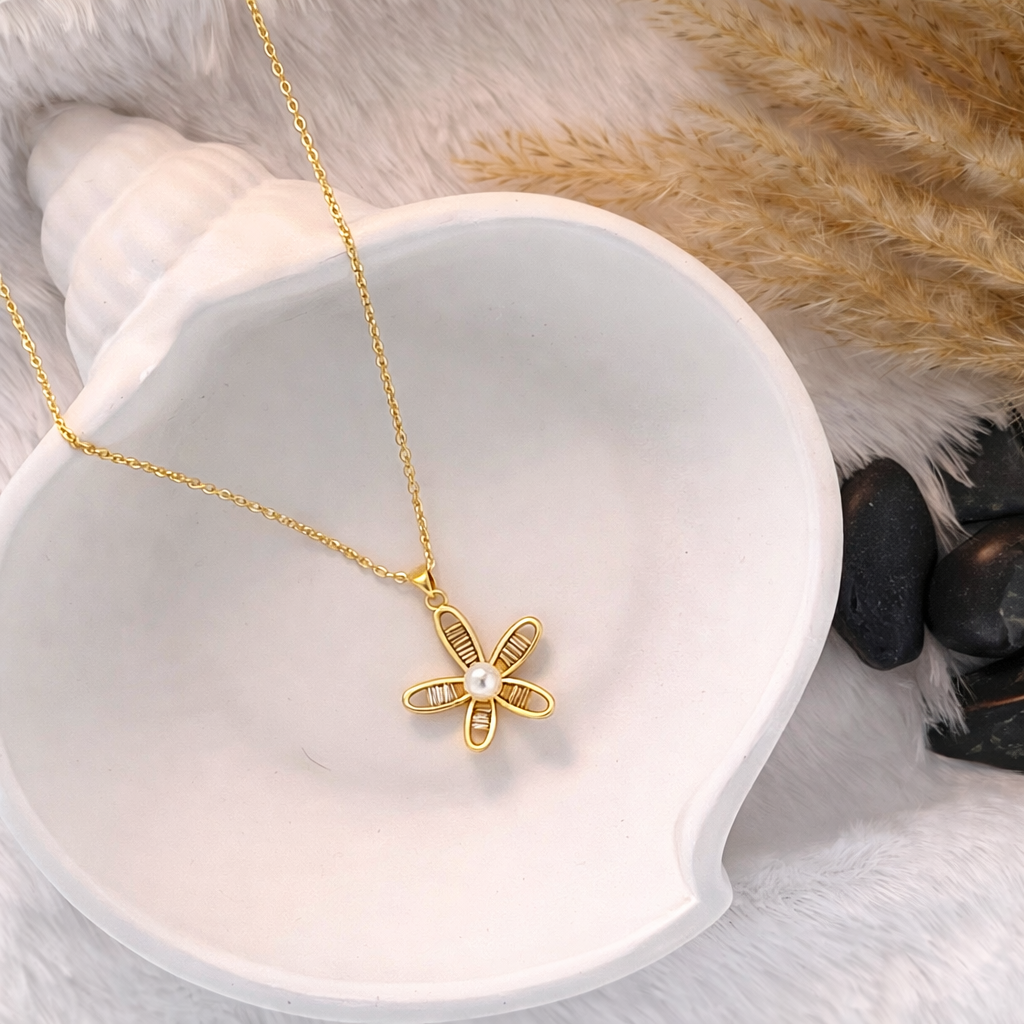 Gold Textured Daisy Flower & Pearl Centre Pendant Necklace