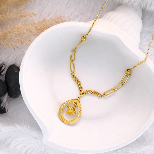 Gold Mixed Chain CZ Teardrop Greek Key Pendant Necklace