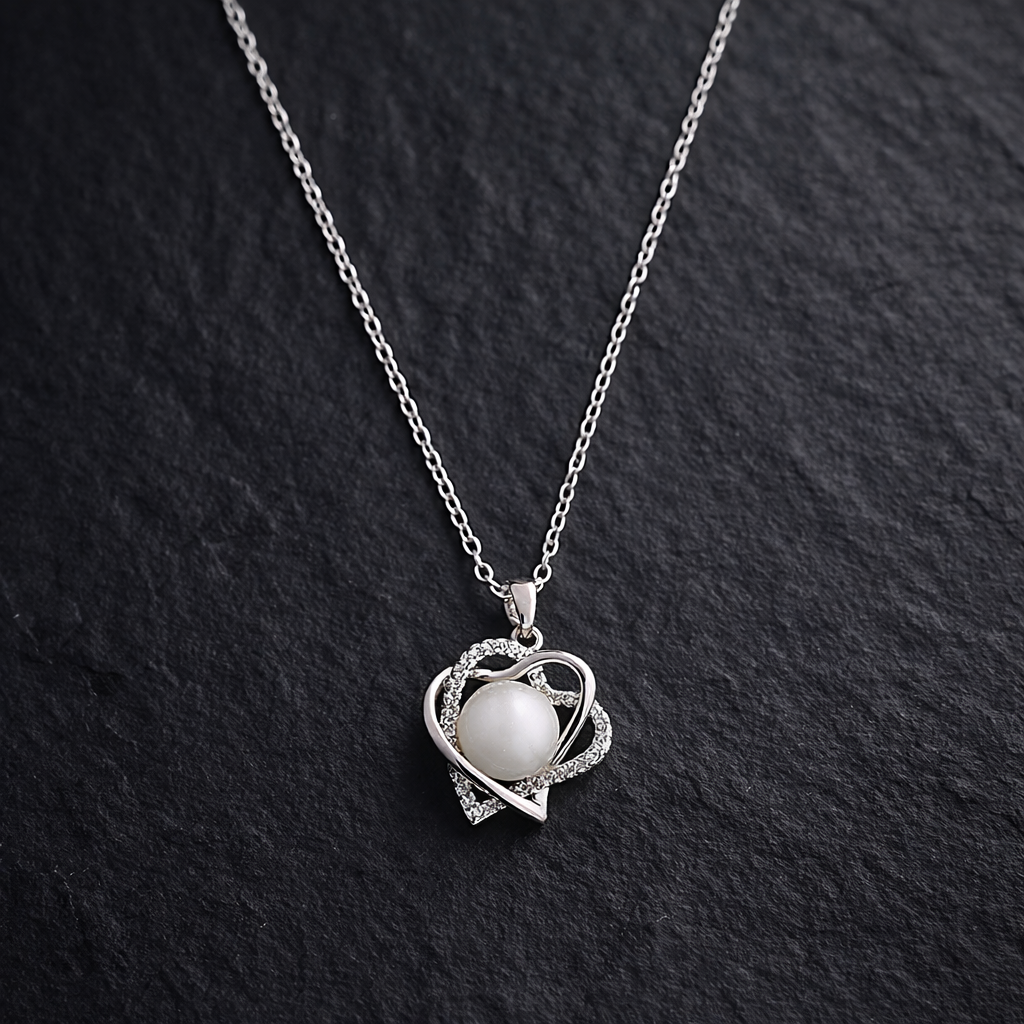 Silver Double Heart Pearl & Crystal Pendant Necklace