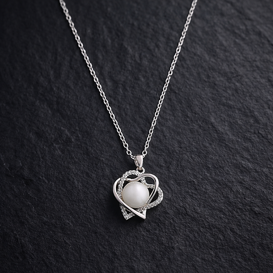Silver Double Heart Pearl & Crystal Pendant Necklace