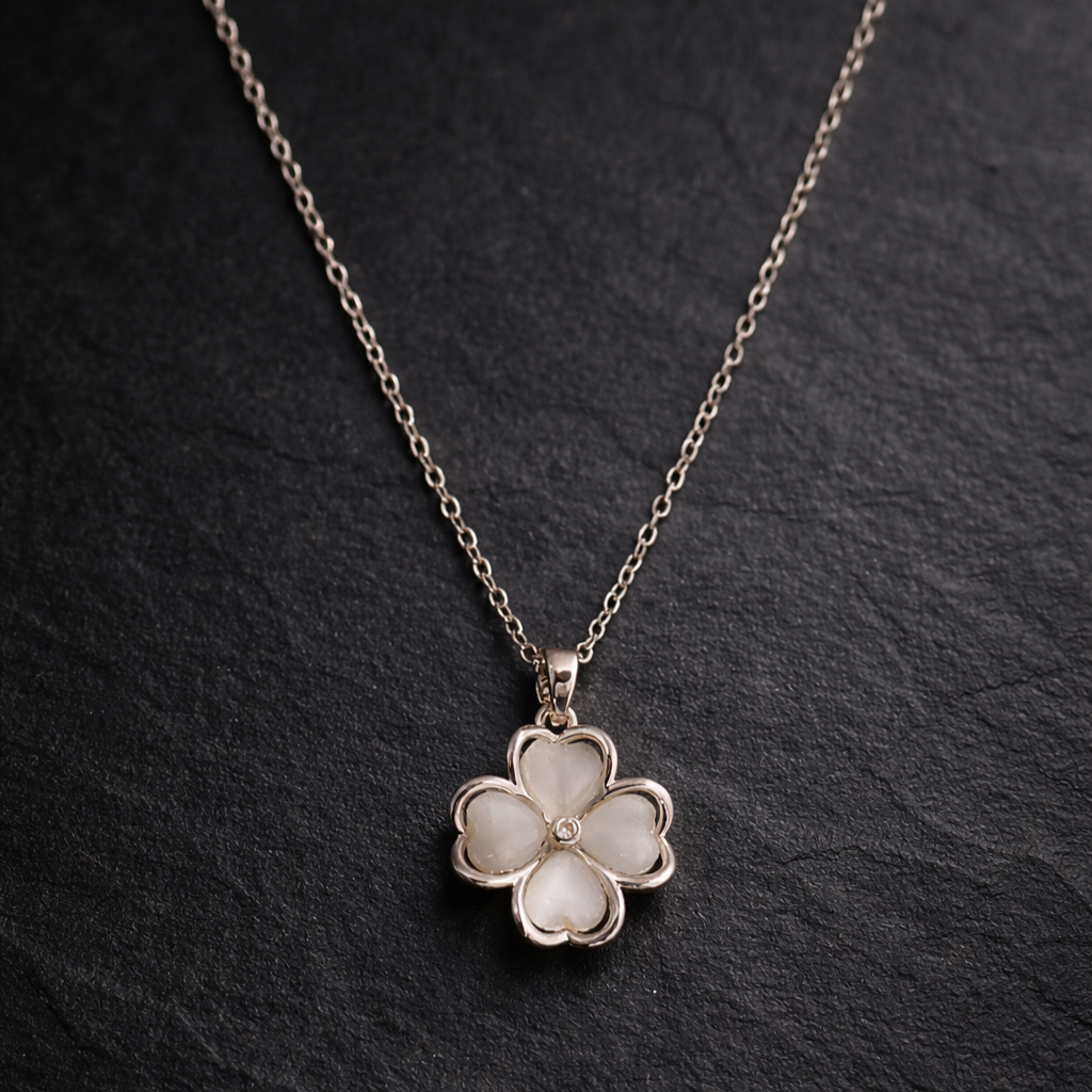 Silver Flower Cat's Eye Pendant Necklace