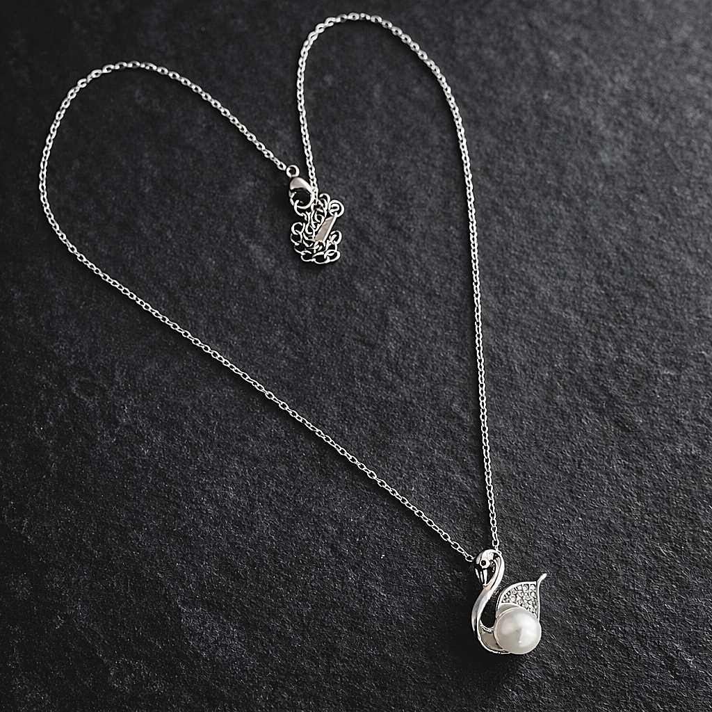 Silver Crystal Swan Pearl Pendant Necklace