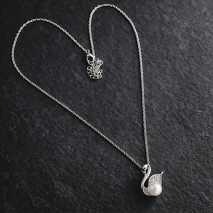 Silver Crystal Swan Pearl Pendant Necklace