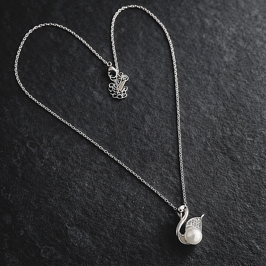 Silver Crystal Swan Pearl Pendant Necklace