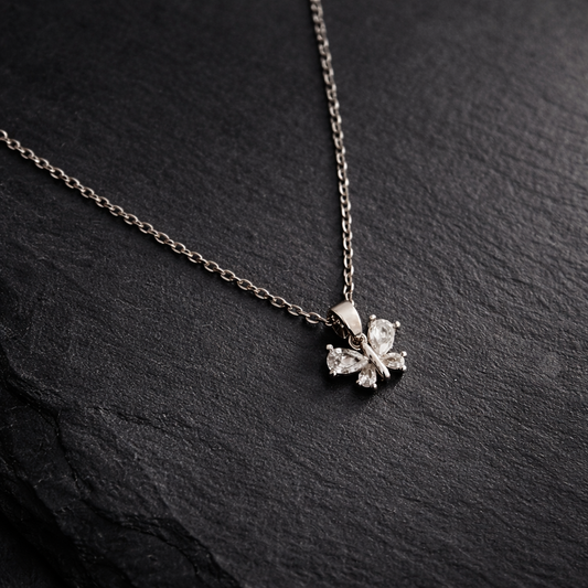 Silver CZ Butterfly Pendant Necklace