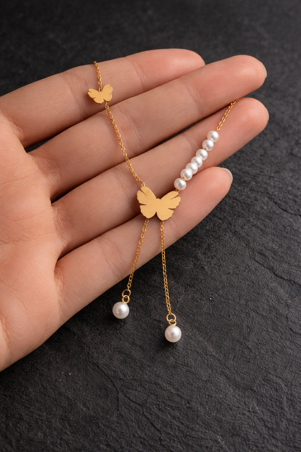 Gold Butterfly Pearl Tassel Necklace