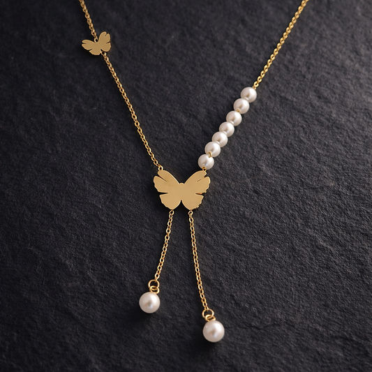 Gold Butterfly Pearl Tassel Necklace