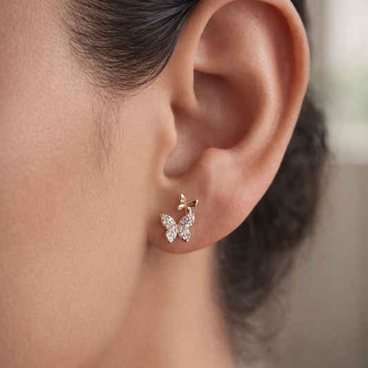 Gold Crystal Butterfly Drop Stud Earrings