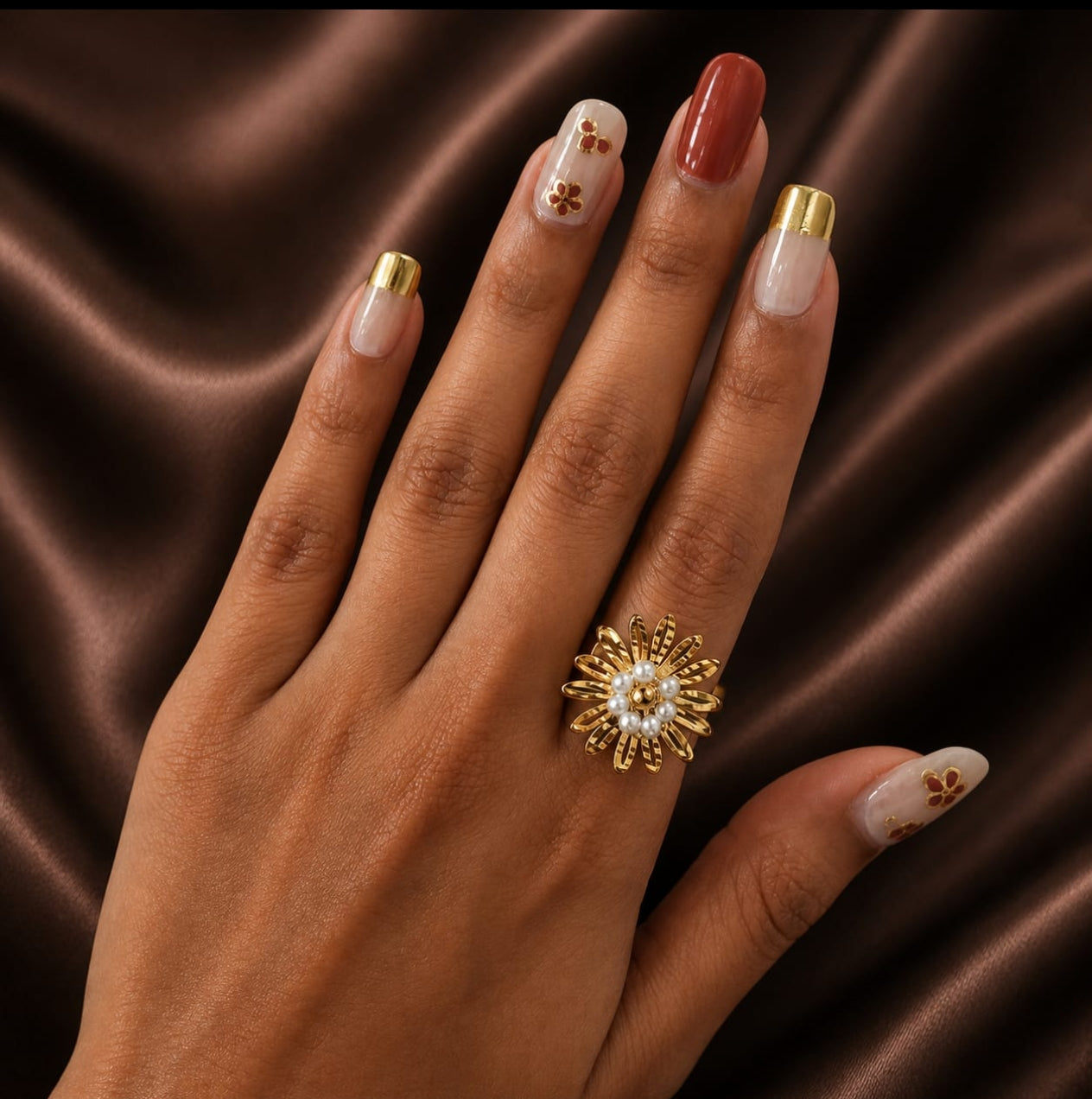 Pearl and Petals Statement Ring - Adjustable