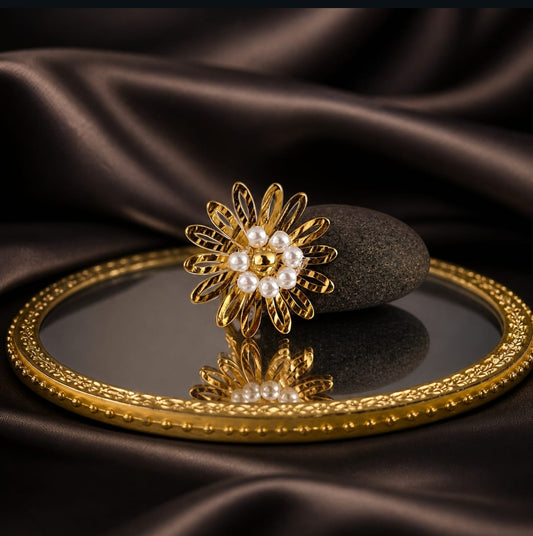 Pearl and Petals Statement Ring - Adjustable
