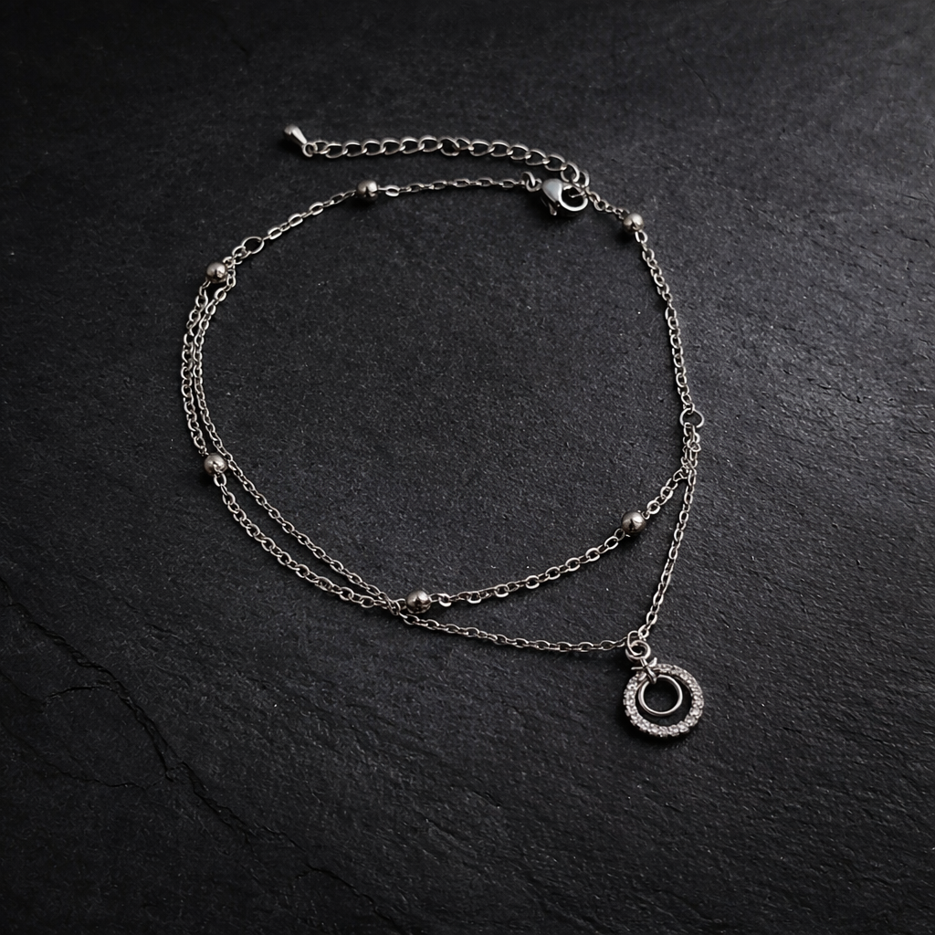 Silver Double Layer Crystal Halo Anklet