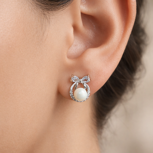 Silver Crystal Bow & Pearl Stud Earrings