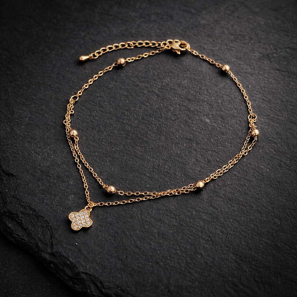 Gold CZ Four-Leaf Clover Double Layer Anklet