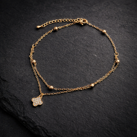 Gold CZ Four-Leaf Clover Double Layer Anklet