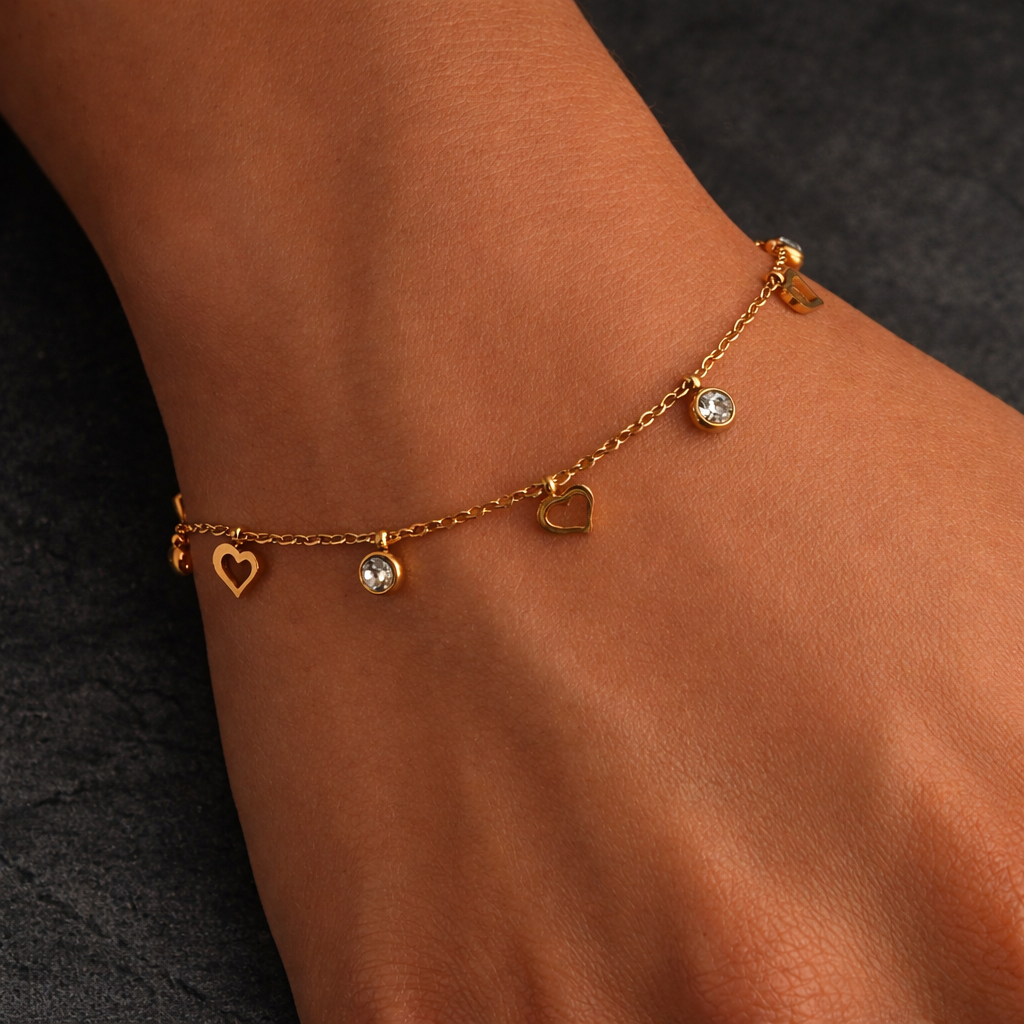 Gold Heart & Crystal Charm Bracelet
