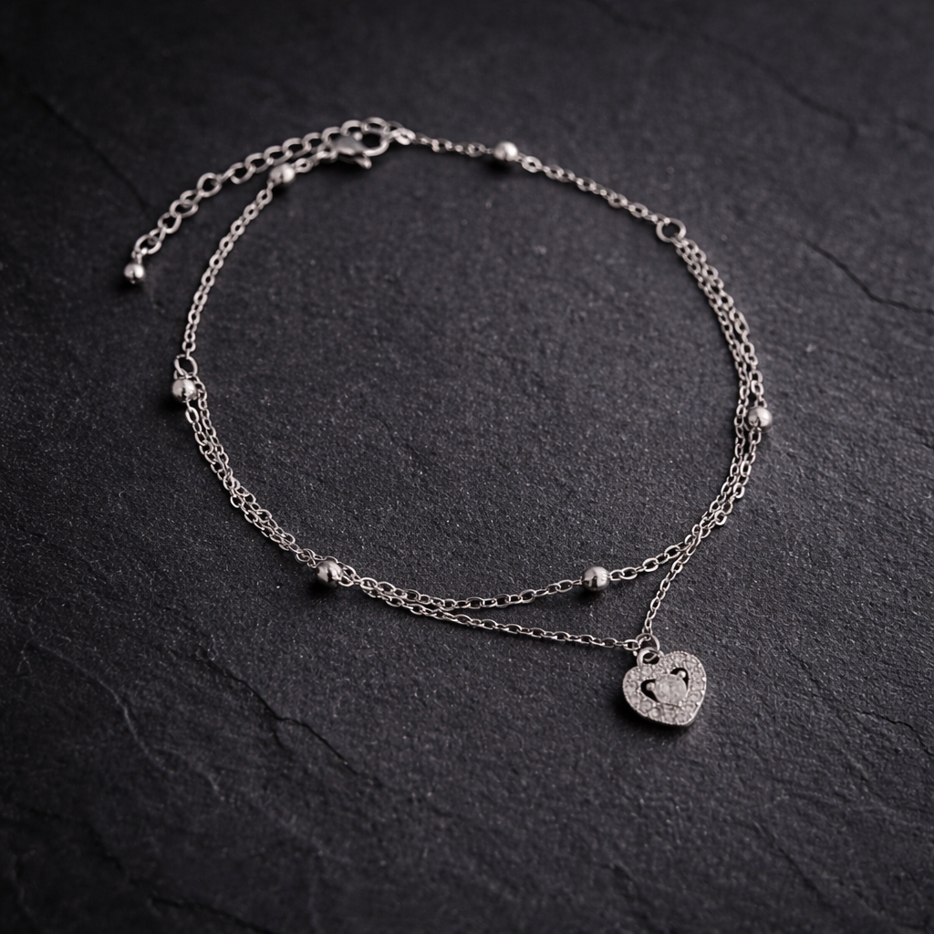 Silver CZ Heart Locket Double Layer Anklet