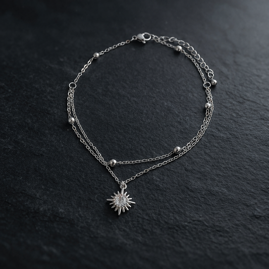 Silver CZ Starburst Double Layer Anklet