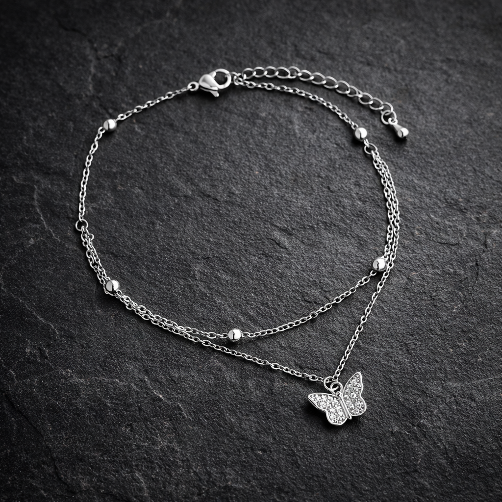 Silver CZ Butterfly Double Layer Anklet