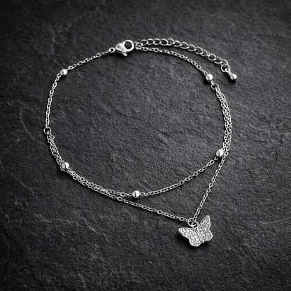 Silver CZ Butterfly Double Layer Anklet