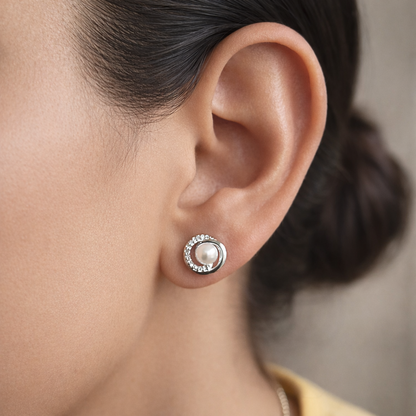 Crystal Swirl Pearl Stud Earrings