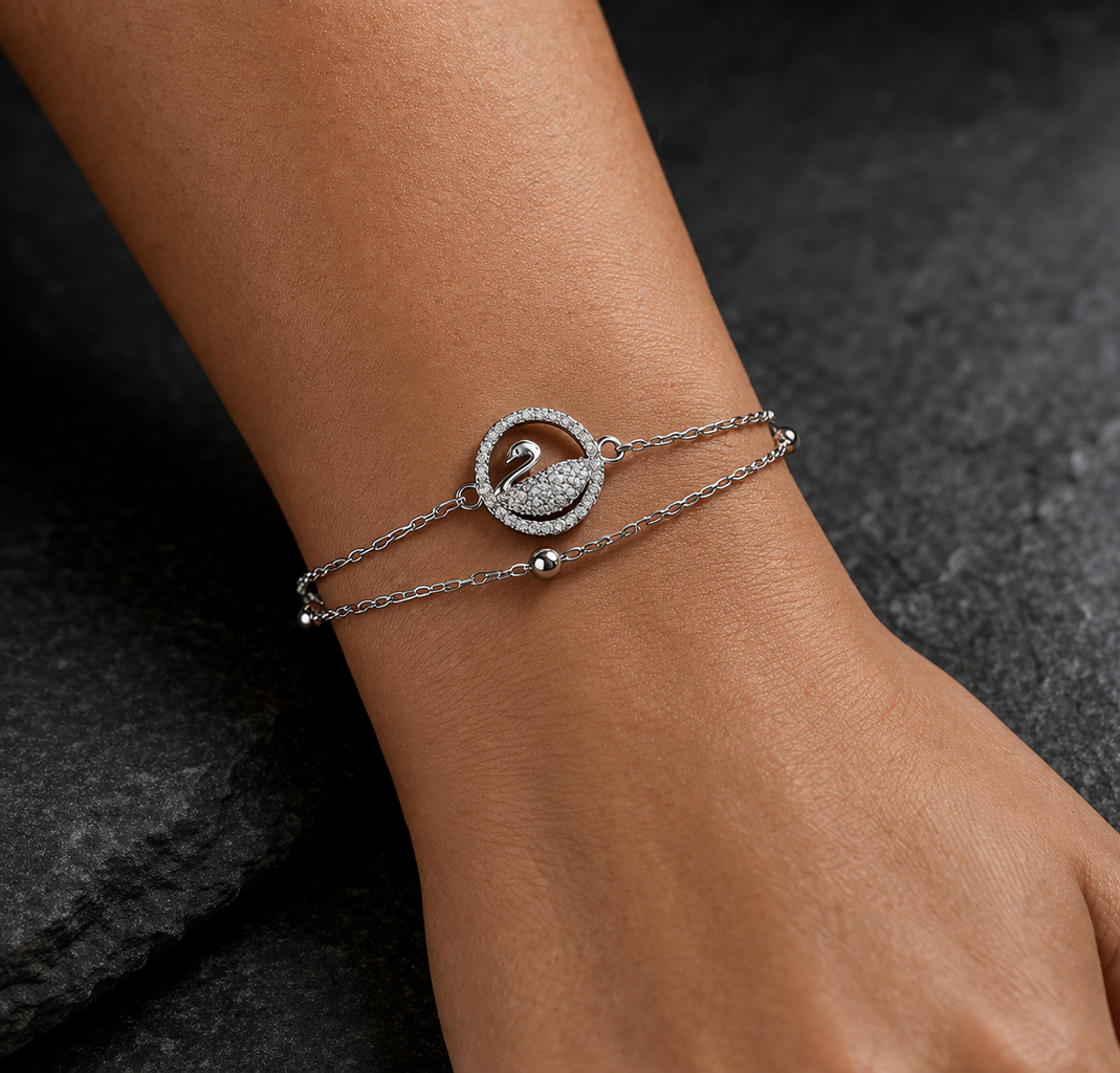 Silver Crystal Swan Double Layer Bracelet