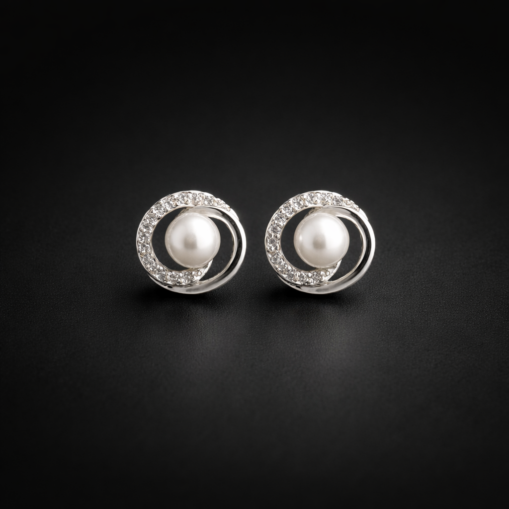 Crystal Swirl Pearl Stud Earrings