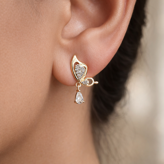 Gold Butterfly Crystal Teardrop Drop Earrings