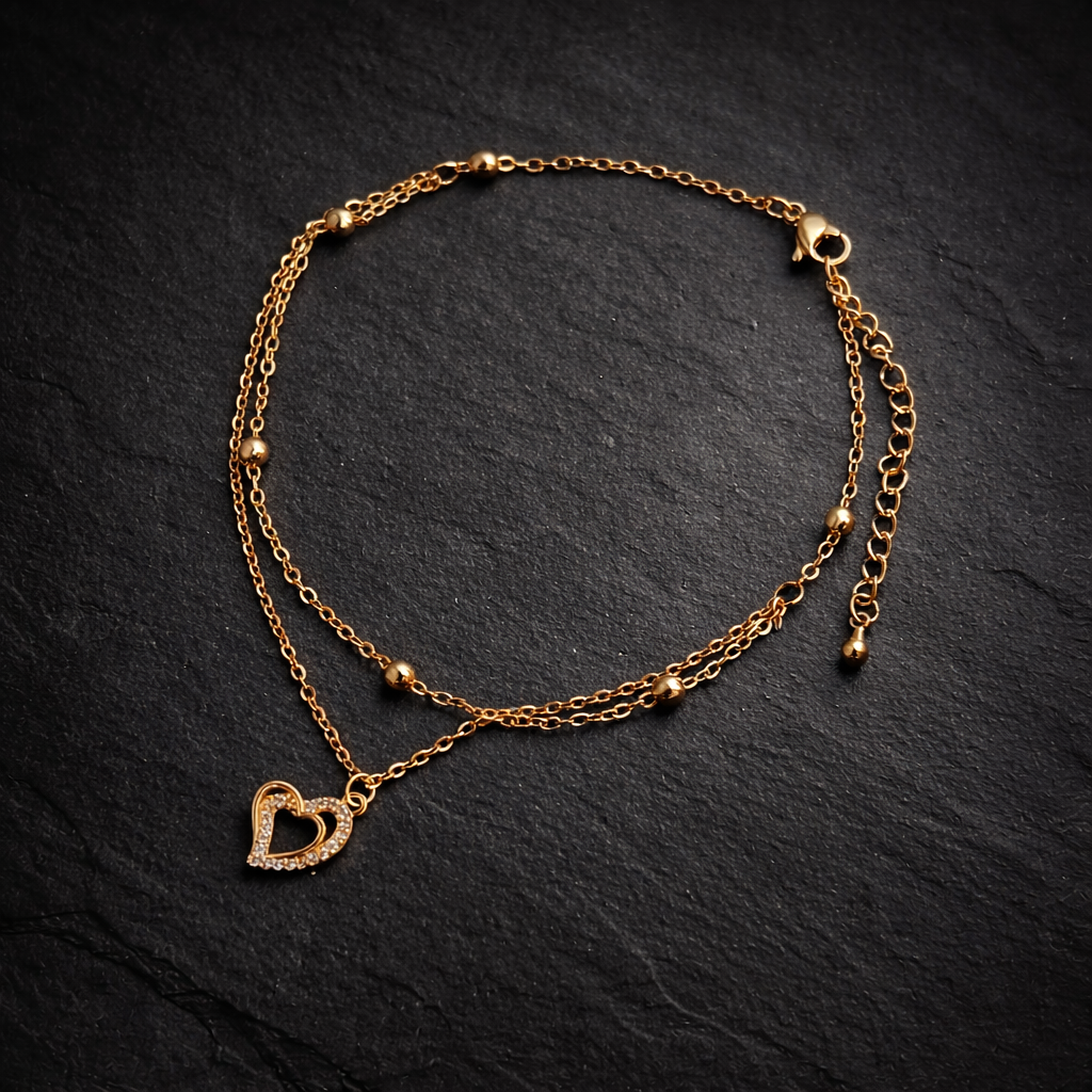 Gold CZ Open Heart Double Layer Anklet