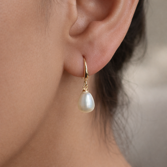 Gold Huggie Hoop Pearl Drop Earrings