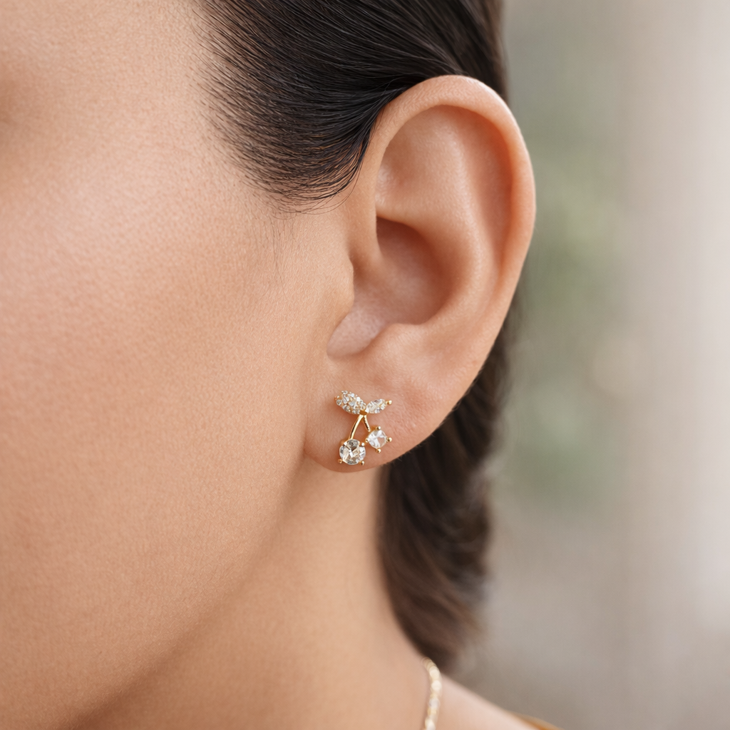 Gold Crystal Cherry Stud Earrings