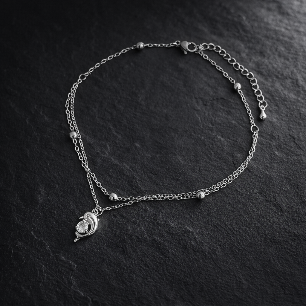Silver CZ Dolphin Double Layer Anklet