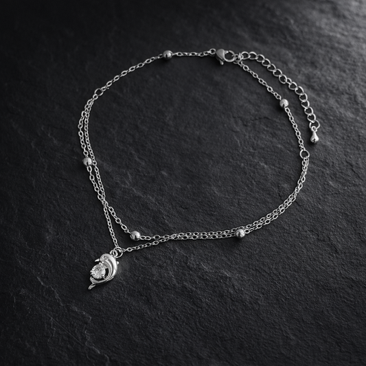 Silver CZ Dolphin Double Layer Anklet