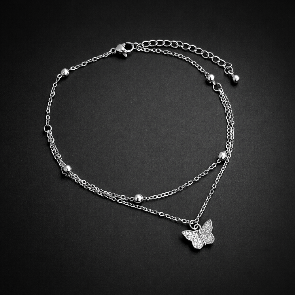 Silver CZ Butterfly Double Layer Anklet