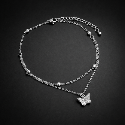 Silver CZ Butterfly Double Layer Anklet