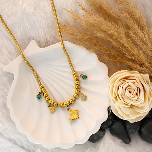 Gold Butterfly & Turquoise Charm Beaded Necklace