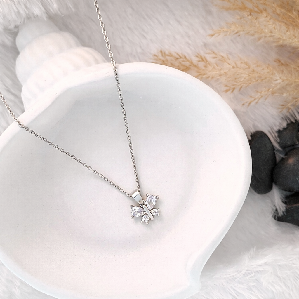 Silver CZ Butterfly Pendant Necklace