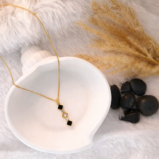 Black & Gold Geometric Square Drop Pendant Necklace for Women