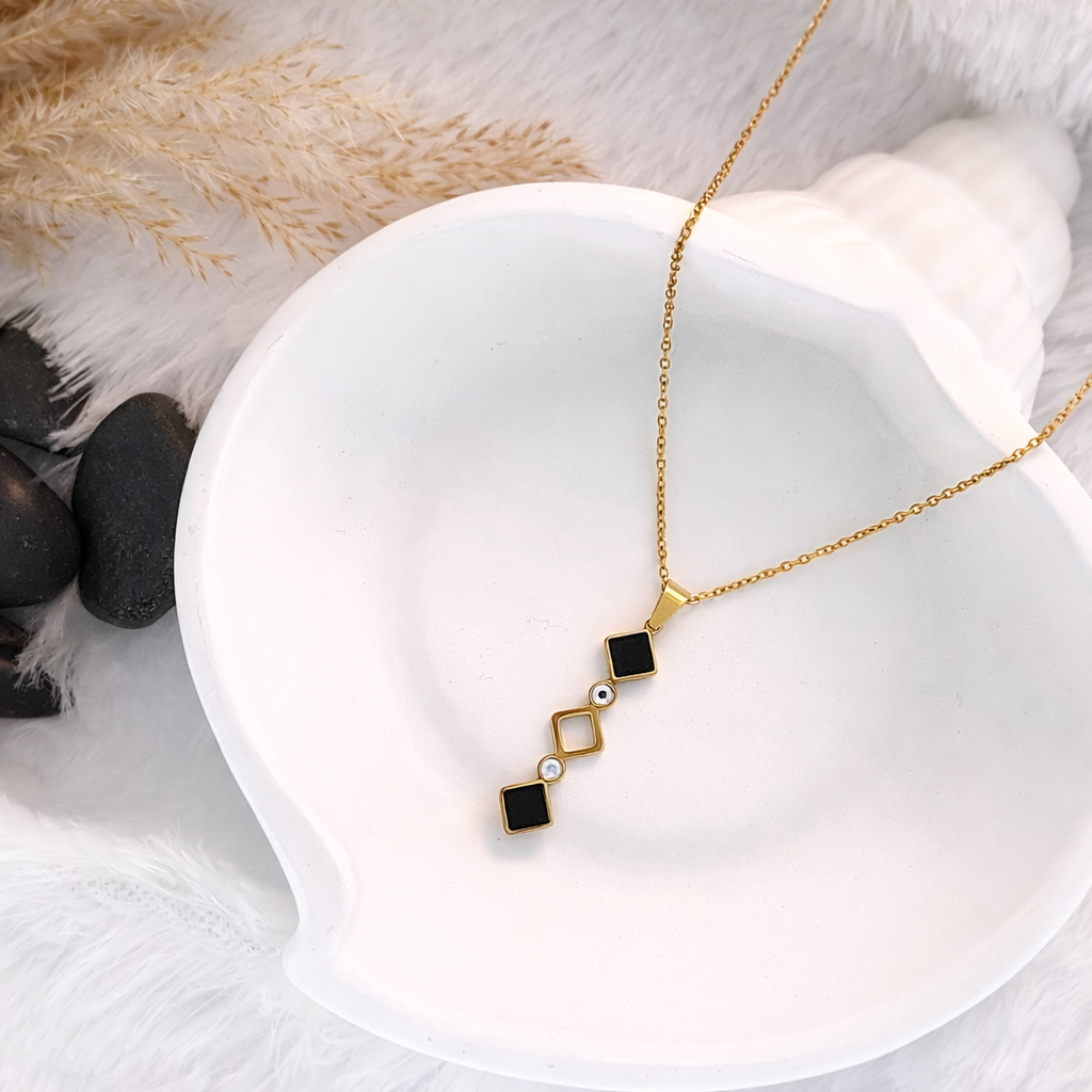 Black & Gold Geometric Square Drop Pendant Necklace