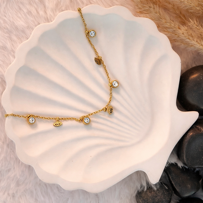 Gold Evil Eye & CZ Bezel Charm Anklet