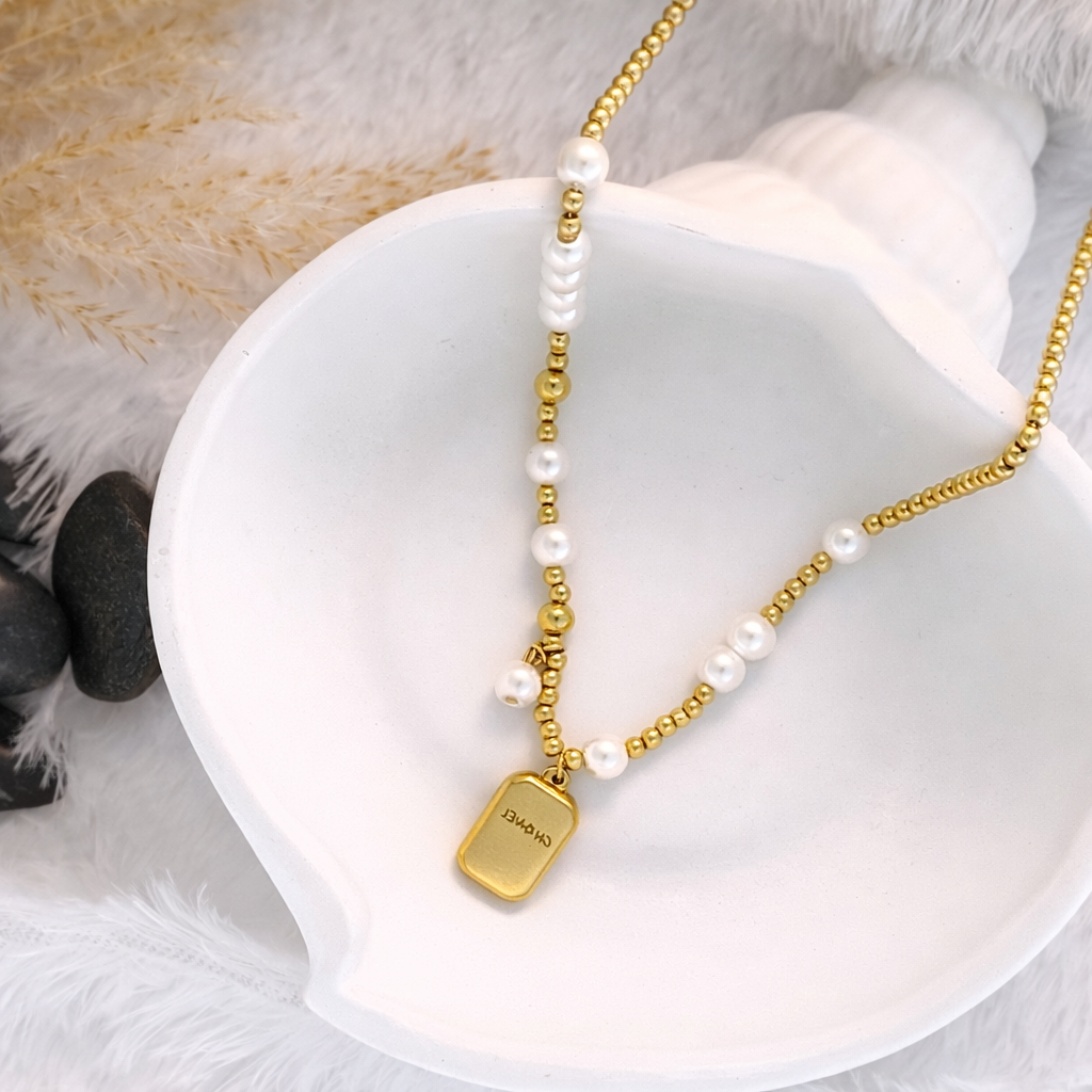 Pearl & Gold Bead Necklace with Engraved Tag Pendant