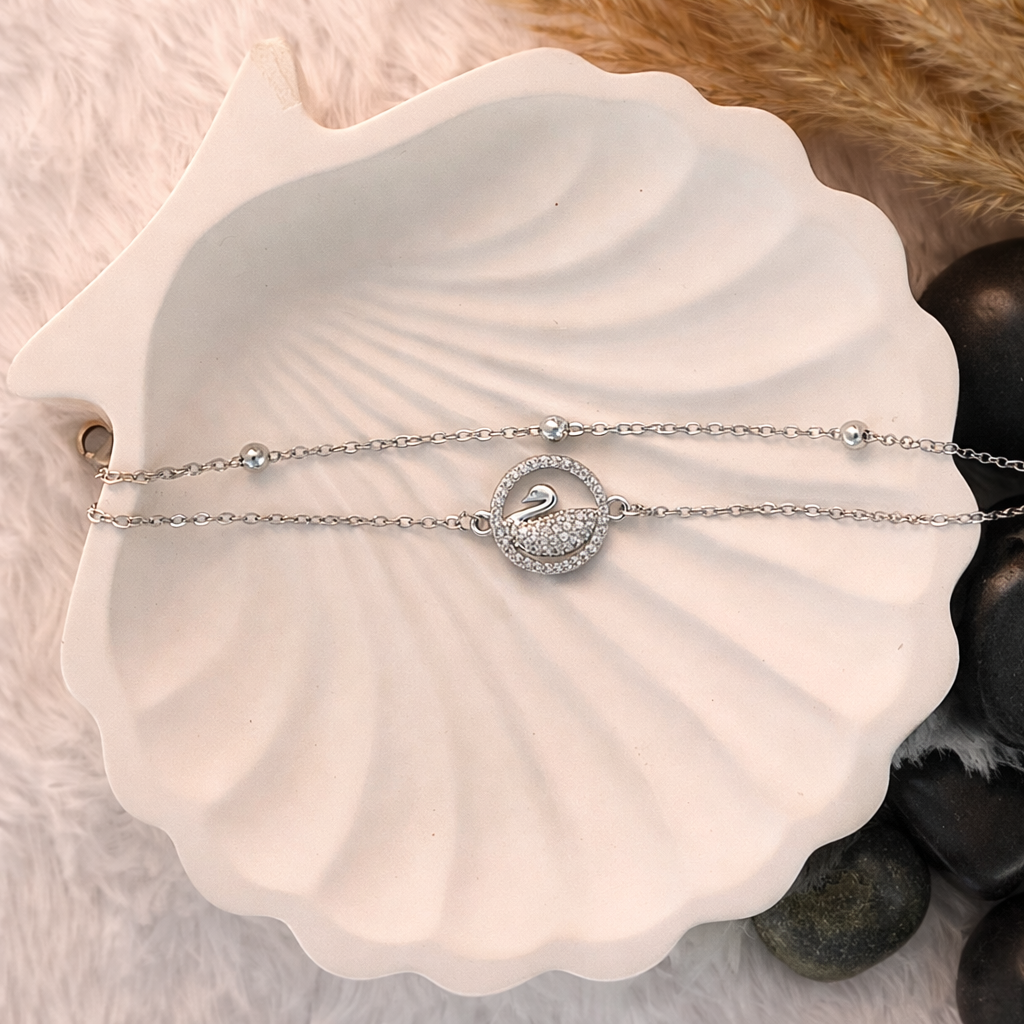 Silver Crystal Swan Double Layer Bracelet