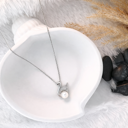 Silver Crystal Swan Pearl Pendant Necklace