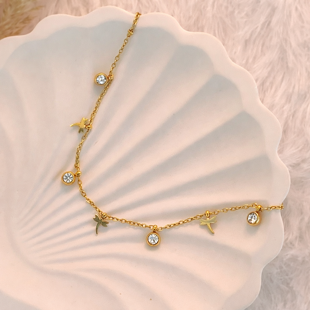 Gold Dragonfly & CZ Bezel Charm Chain Anklet