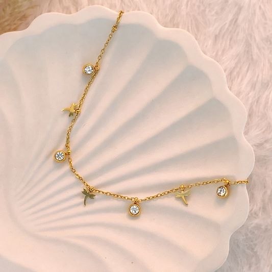 Gold Dragonfly & CZ Bezel Charm Chain Anklet