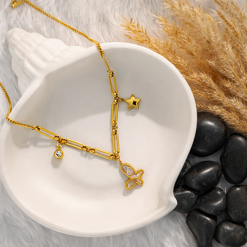 Gold Mixed Chain Crystal Butterfly & Star Charm Necklace