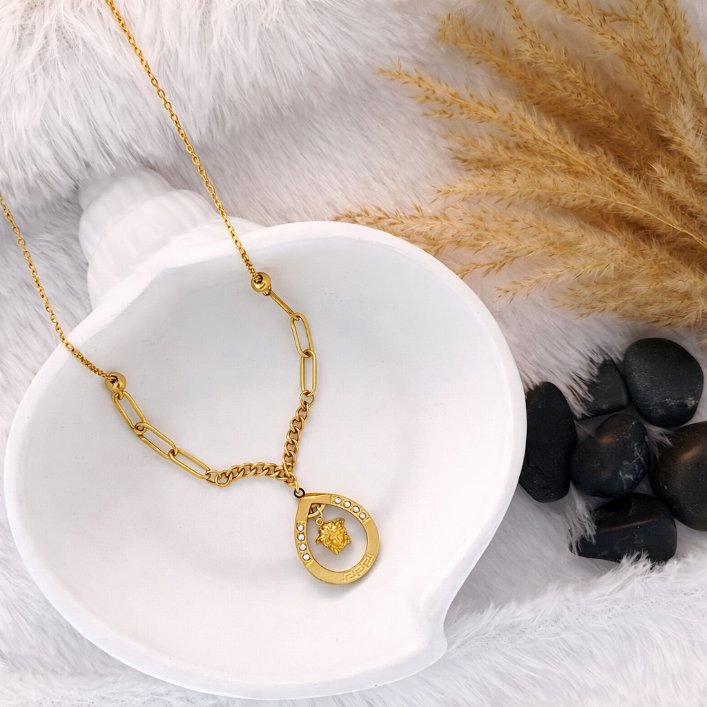 Gold Mixed Chain CZ Teardrop Greek Key Pendant Necklace