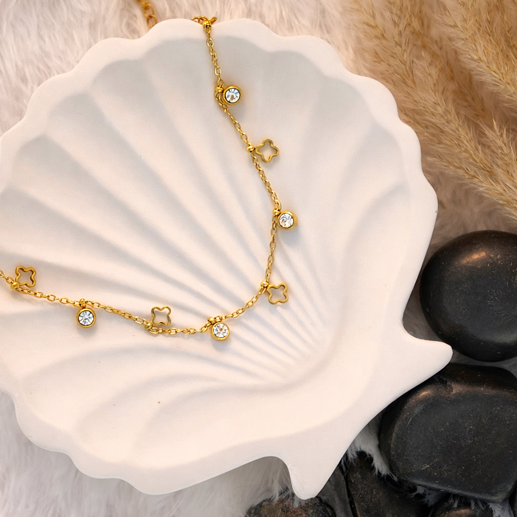 Gold Clover & CZ Bezel Charm Anklet
